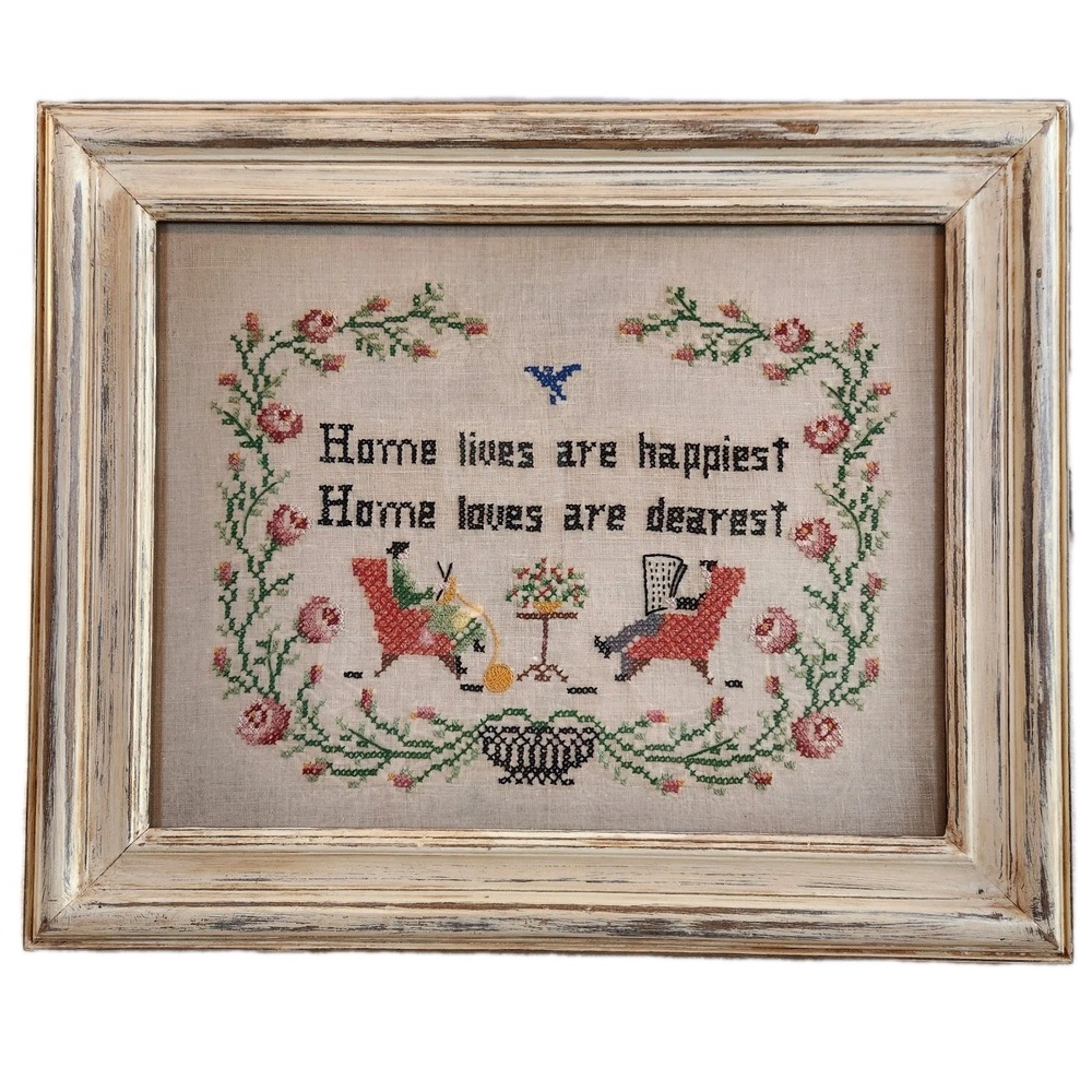 VTG CROSS STITCH Framed Folk Art Sampler Needlepoint 14x16 Cottagecore Americana